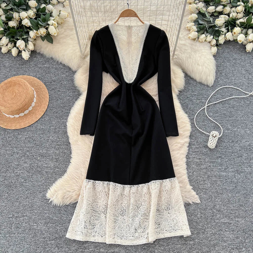 Beaded O-Neck Long Sleeve Slim Dress