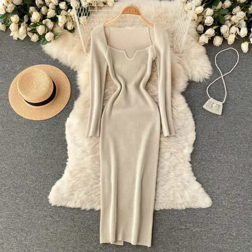 Slit Knit V-Neck Long Sleeve Bodycon Dress