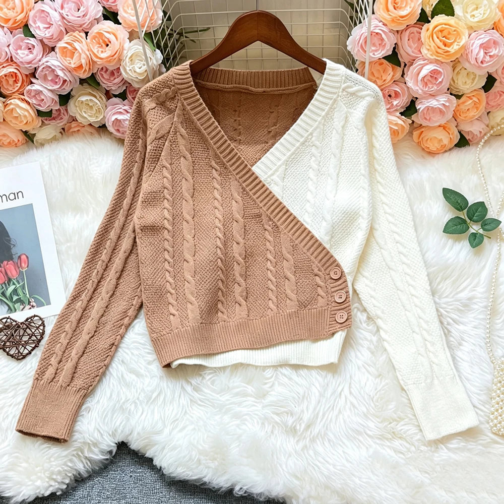 V-Neck Patchwork Knit Cardigan Top