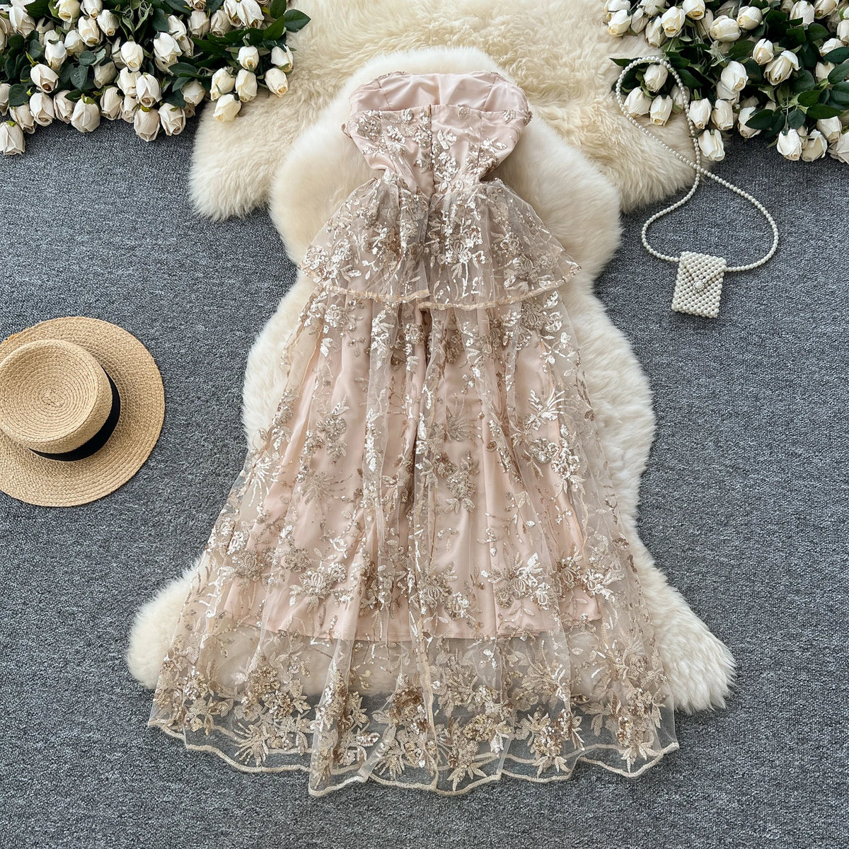 Embroidered Sequin Sleeveless Evening Dress
