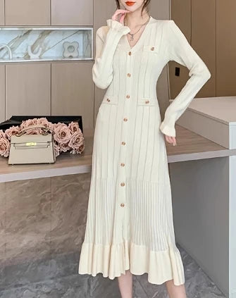 Ruffle V-Neck Button Front Dress