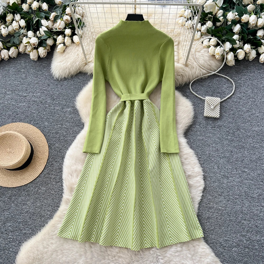 Spliced Knit Long Sleeve Party Dress