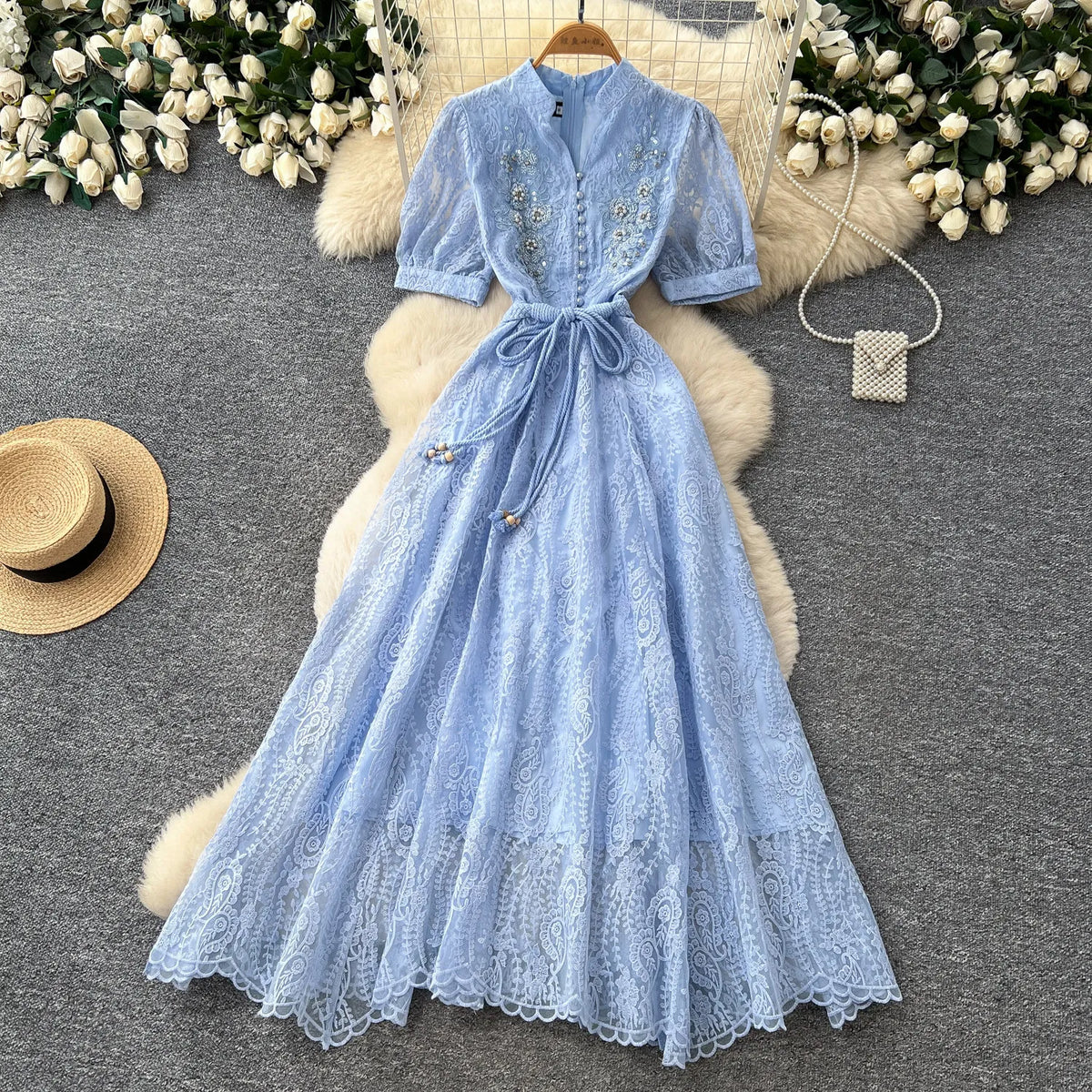 Beaded Embroidered Short Sleeve A-Line Dress