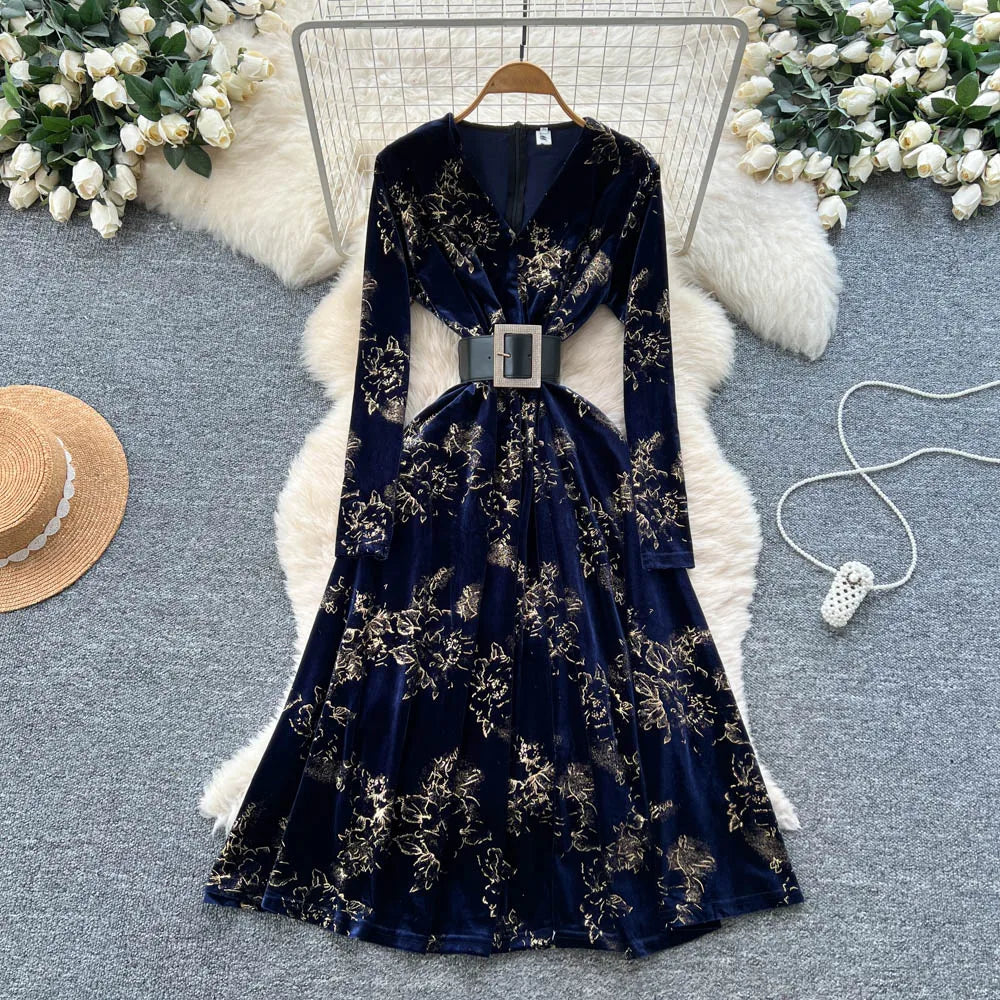 Velour Print Long Sleeve A-Line Dress