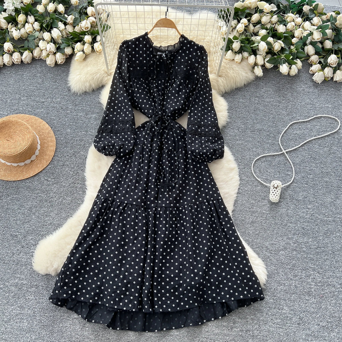 Boho Lace Lantern Sleeve Maxi Dress