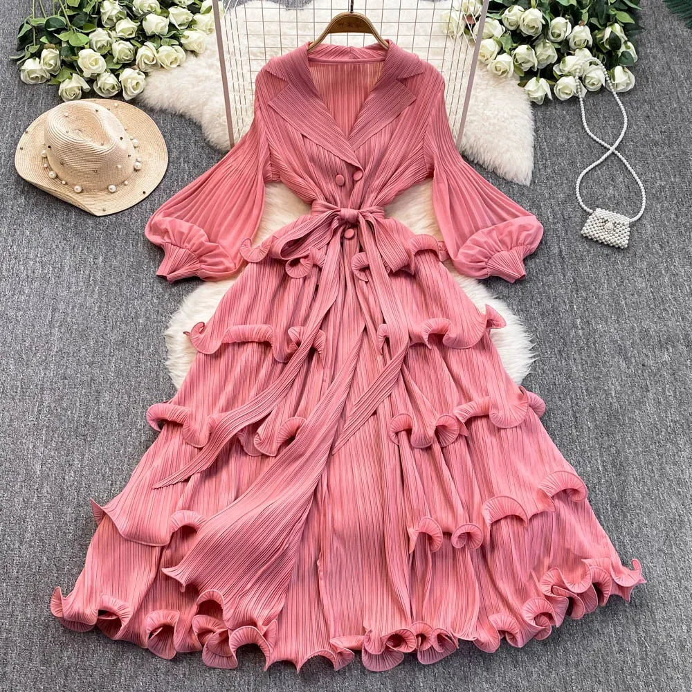 Notched Neck Ruffle Tiered A-Line Dress