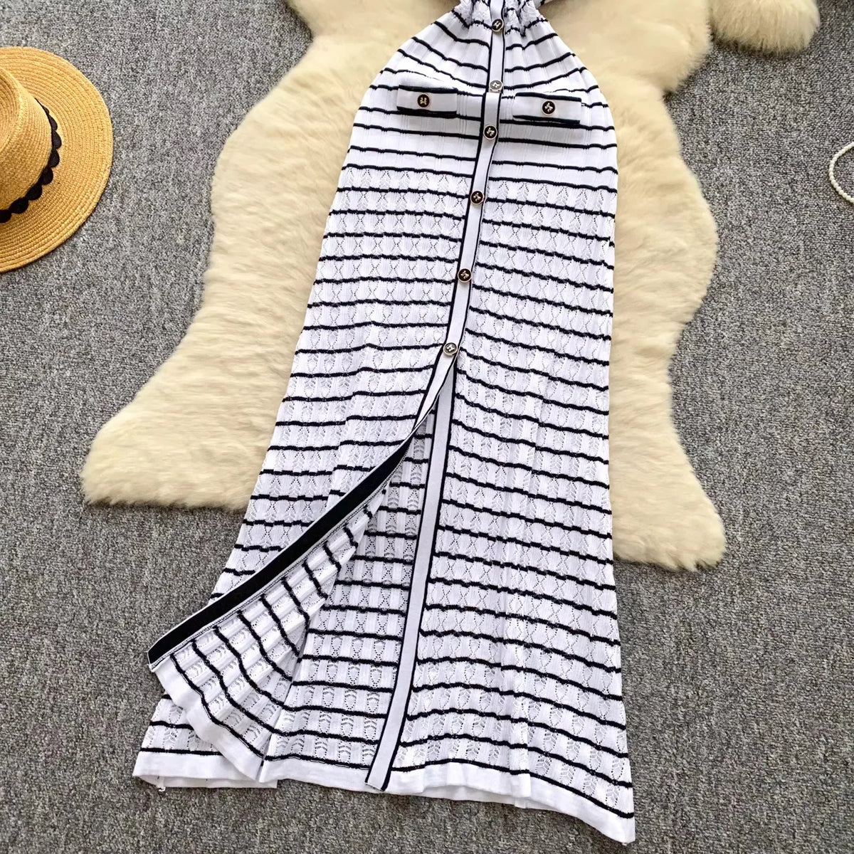 Black And White Striped Knit Maxi Dress
