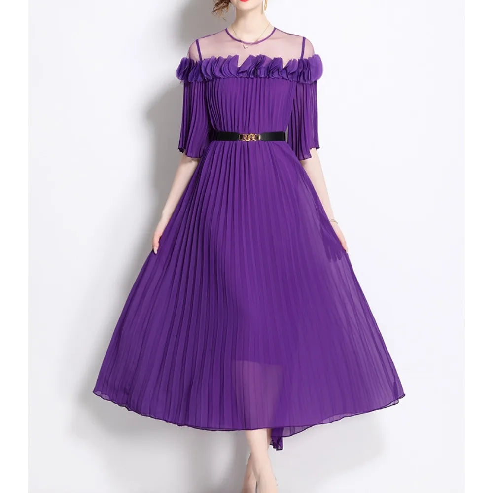 3D Flower Mesh Chiffon Pleated Dress
