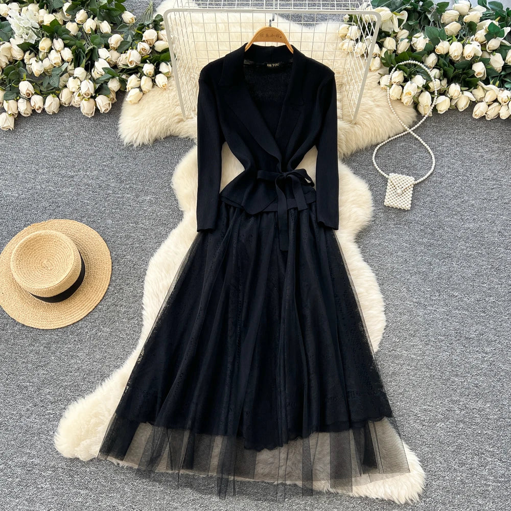 Mesh Spliced Long Sleeve Vintage Dress