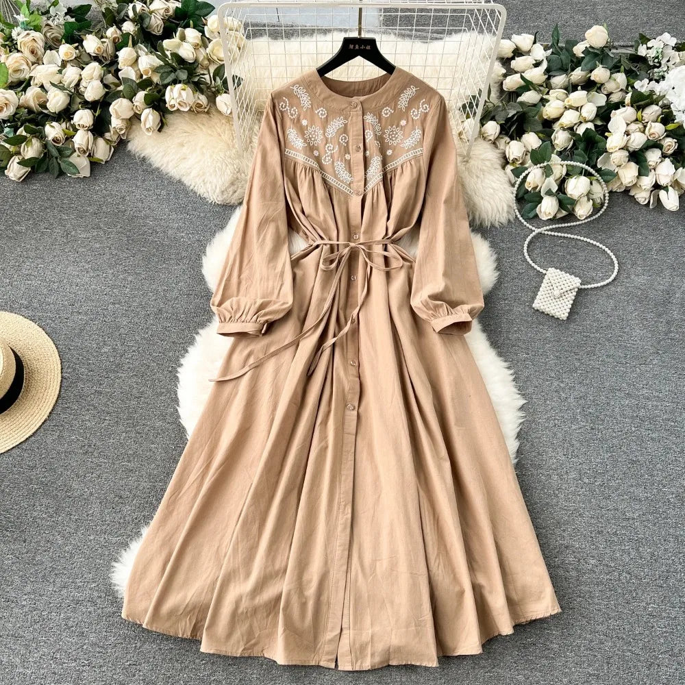 Embroidered V-Neck Boho A-Line Dress