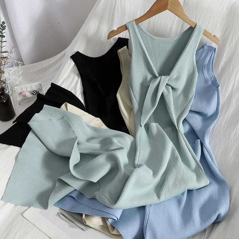 Knot V-Neck Split Knit Bodycon Maxi Dress