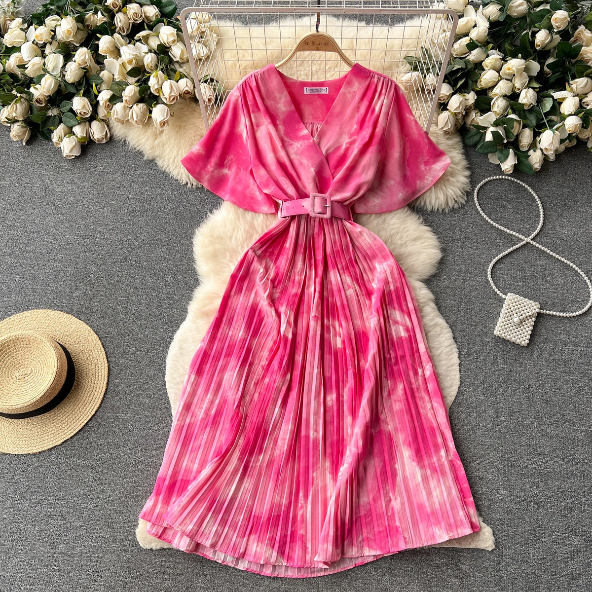 Tie Dye Chiffon V-Neck Dress