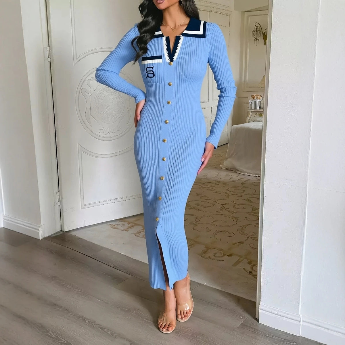Embroidered Knit Party Sweater Dress