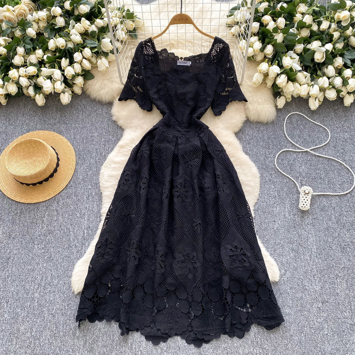 Crochet Lace Slash Neck Boho Sundress