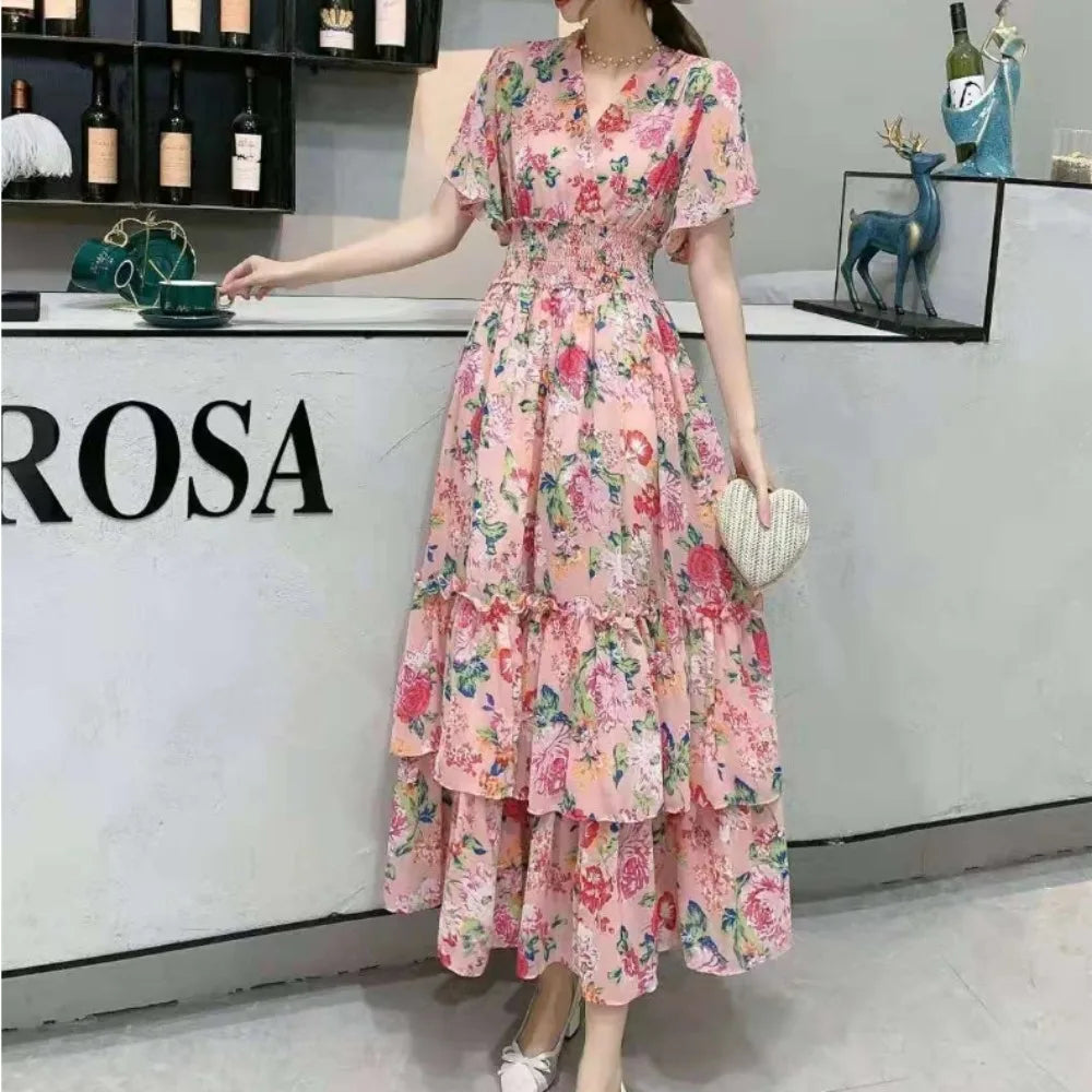 Print Chiffon Butterfly Sleeve A-Line Dress