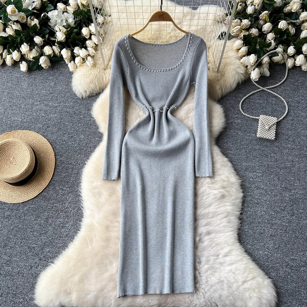 Pearl Detail Knit Bodycon Maxi Dress