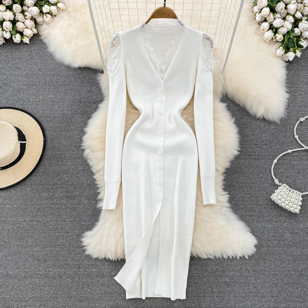 Lace Knit Off-Shoulder Pencil Sweater Dress