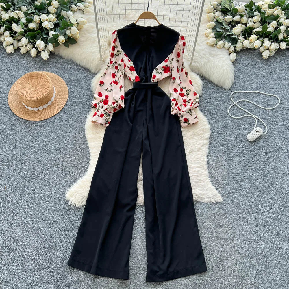 Print V-Neck Belted Wide Leg Jumpsuit