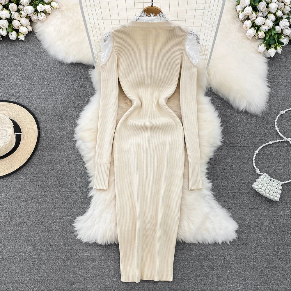 Lace Knit Off-Shoulder Pencil Sweater Dress