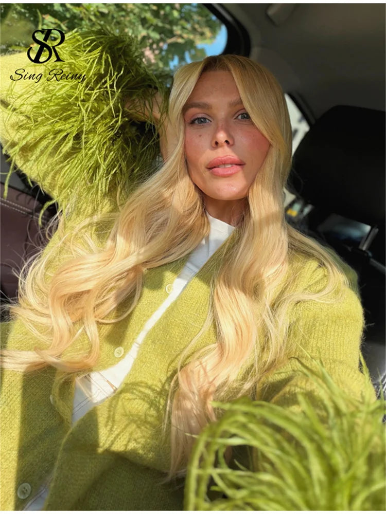 Green Feather Trim Knit Cardigan