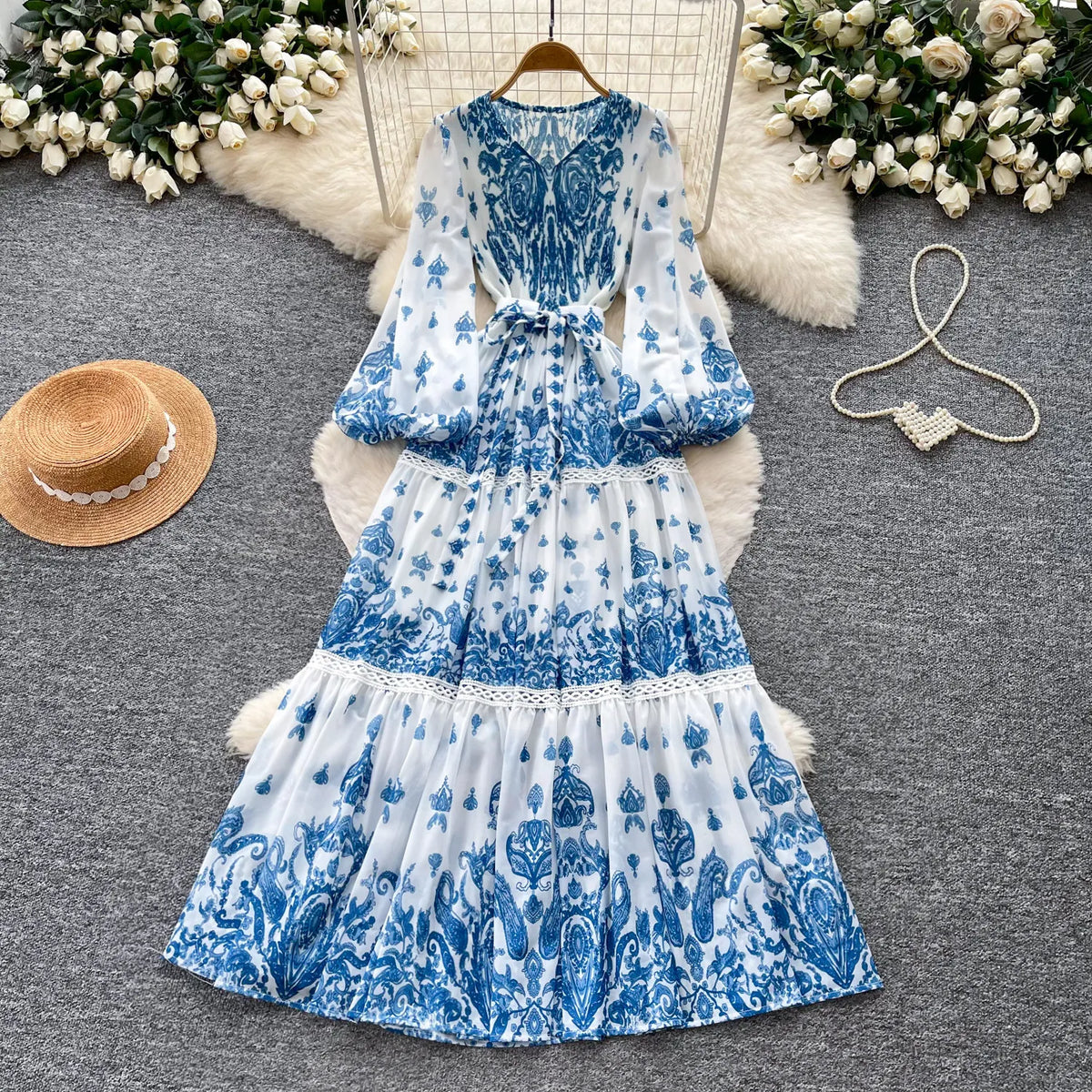 Print Cutout Pleated Swing Maxi Dress