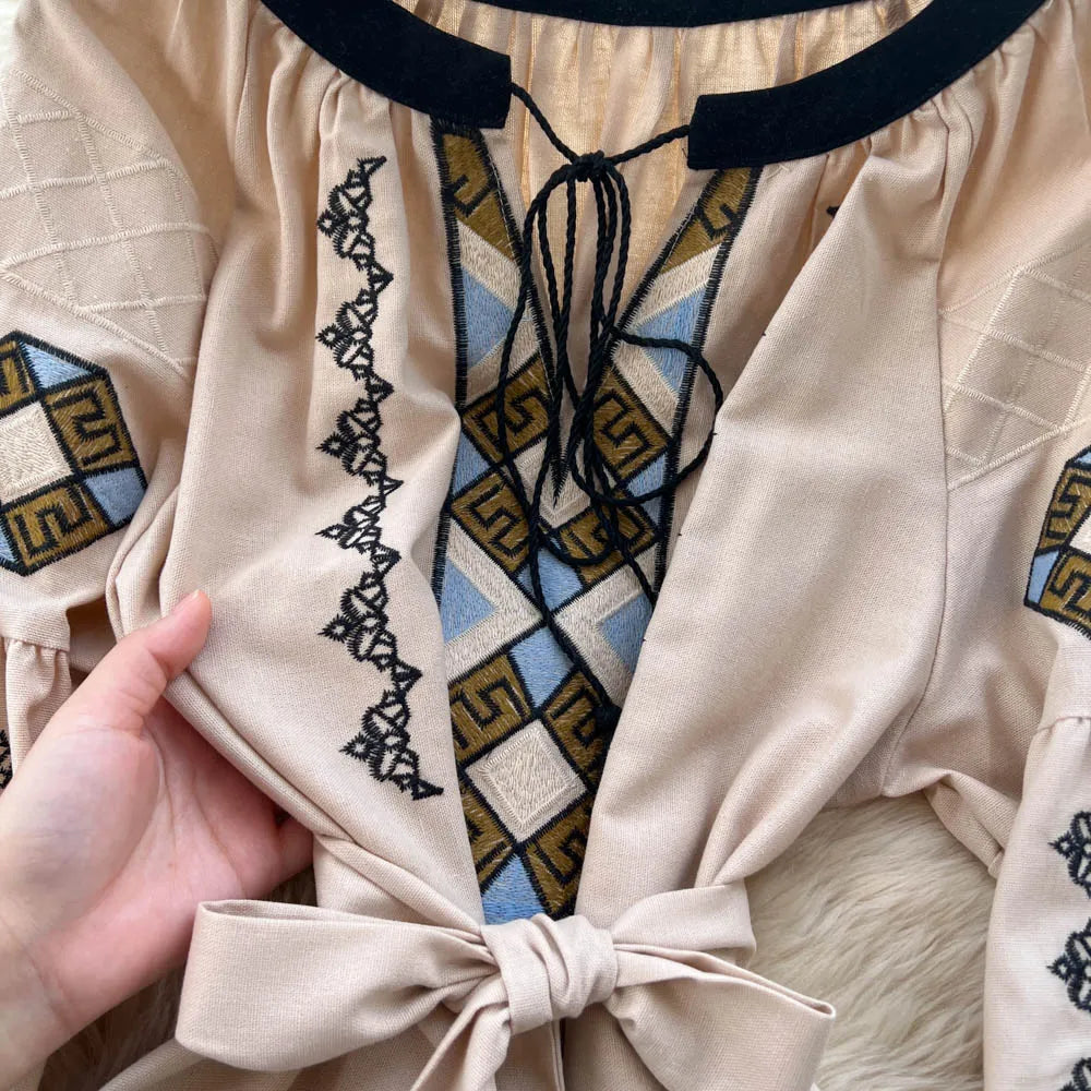 Ruched Long Sleeve Boho Dress