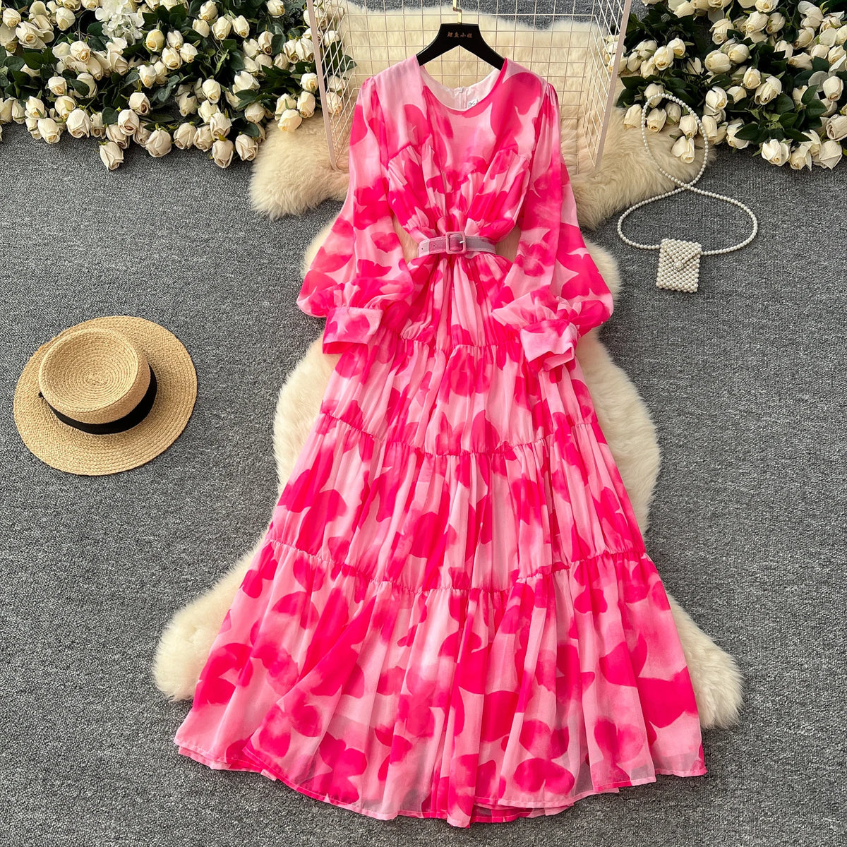 Print Lantern Sleeve Slim Party Dress