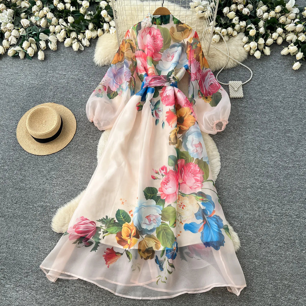 Print Tie-Waist Lantern Sleeve Maxi Dress