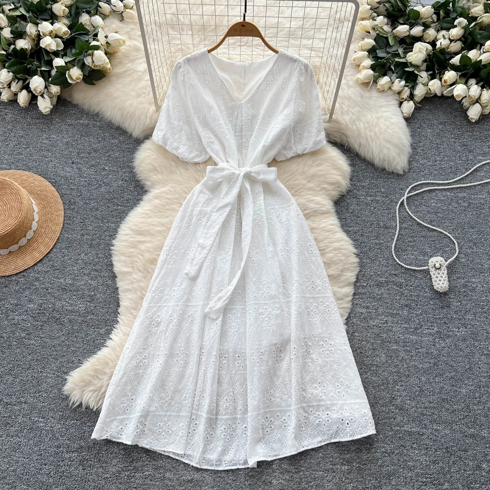 Crochet Puff Sleeve Pleated Maxi Dress