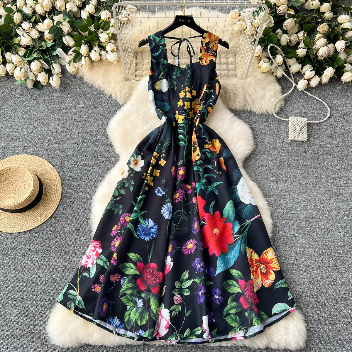 Vintage Print Square Neck A-Line Dress