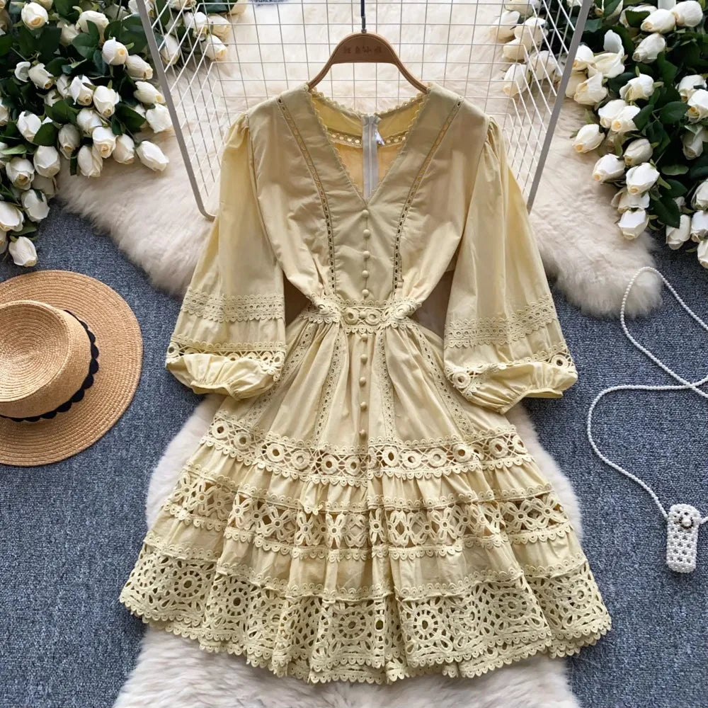Lace V-Neck Lantern Sleeve Puff Dress