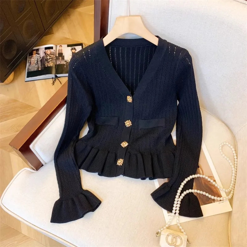 Rhinestone Ruffled V-Neck Cardigan