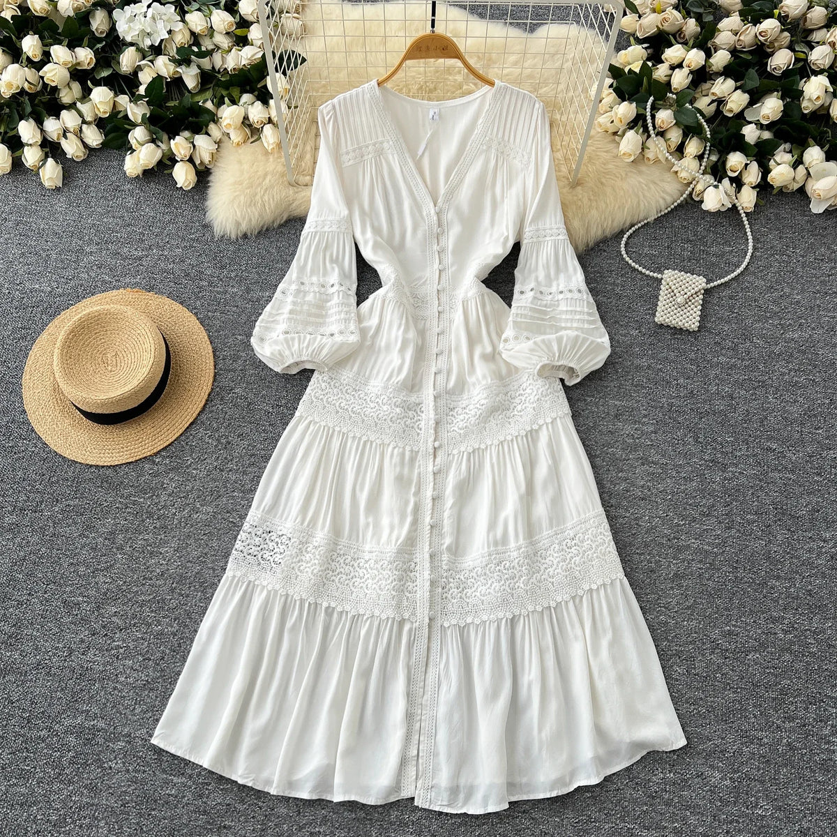 Lace Spliced V-Neck Lantern Sleeve Dress