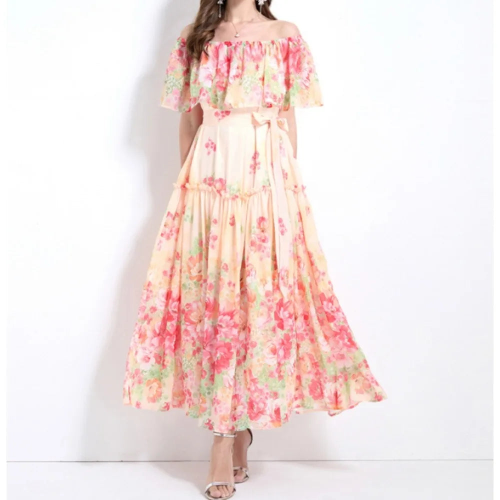Ruffle Print Cape Sleeve Chiffon Dress