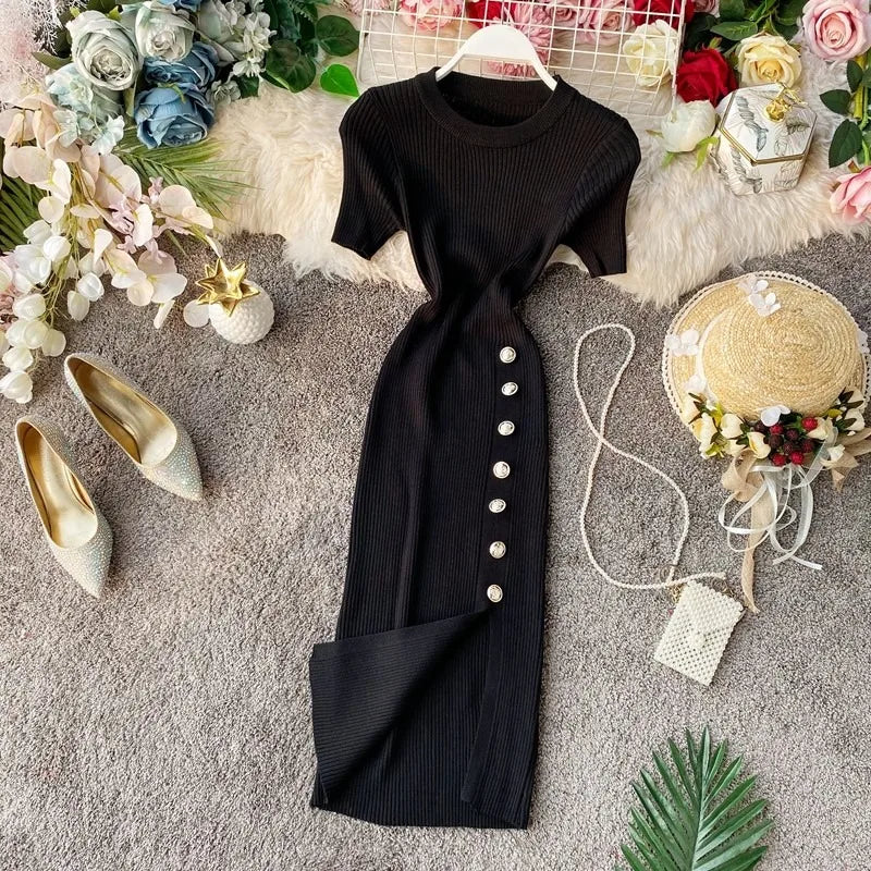 Short Sleeve Side Slit Knit Mini Dress