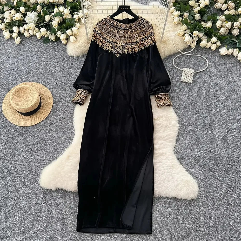 Embroidered Sequin Velour Split Dress