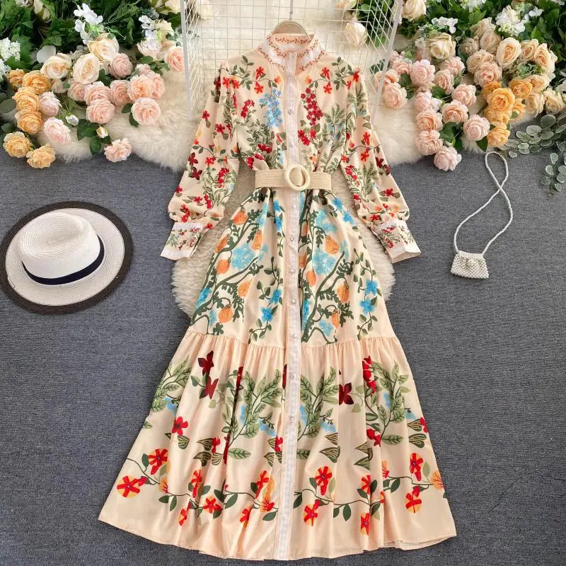 French Floral Puff Sleeve Button Dress