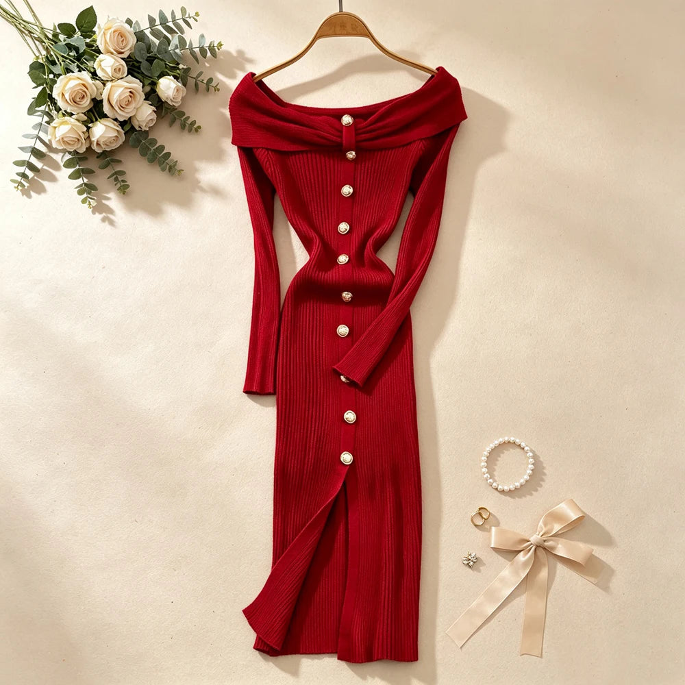 Off-Shoulder Long Sleeve Knit Bodycon Dress
