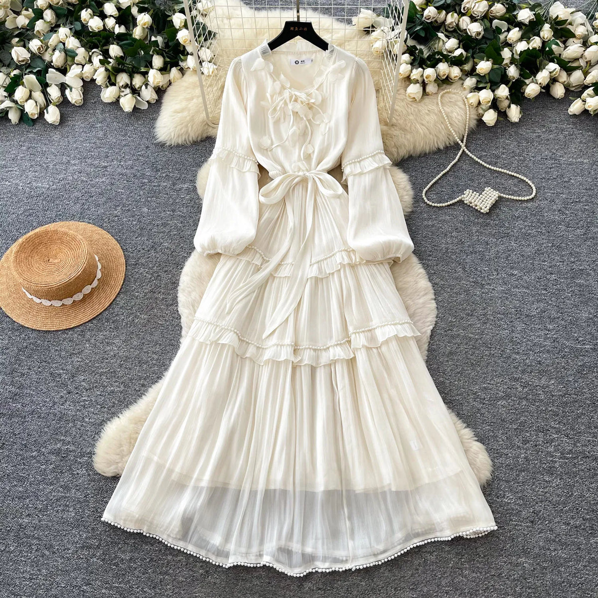 Floral Lace-Up Ruched Long Sleeve Dress