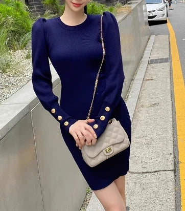 Puff Sleeve Button Knit Bodycon Dress