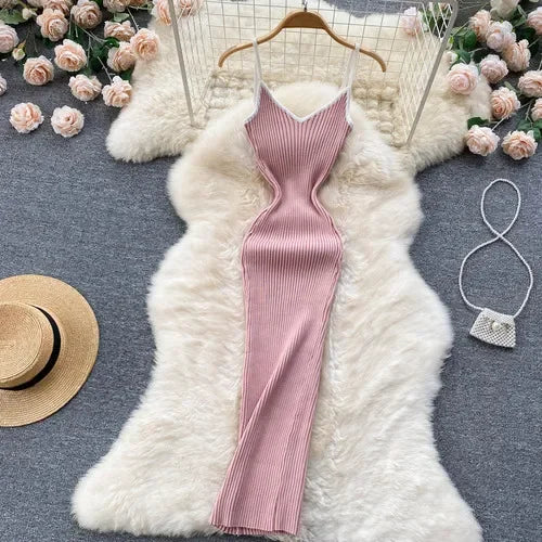 V-Neck Knit Midi Slip Dress