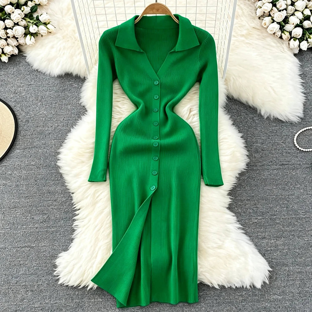 Button Front Collared Knit Maxi Sweater Dress