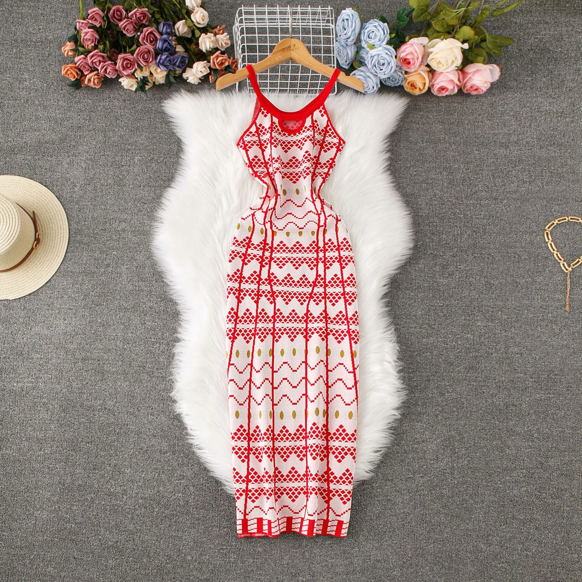Printed Spaghetti Strap Knit Maxi Dress
