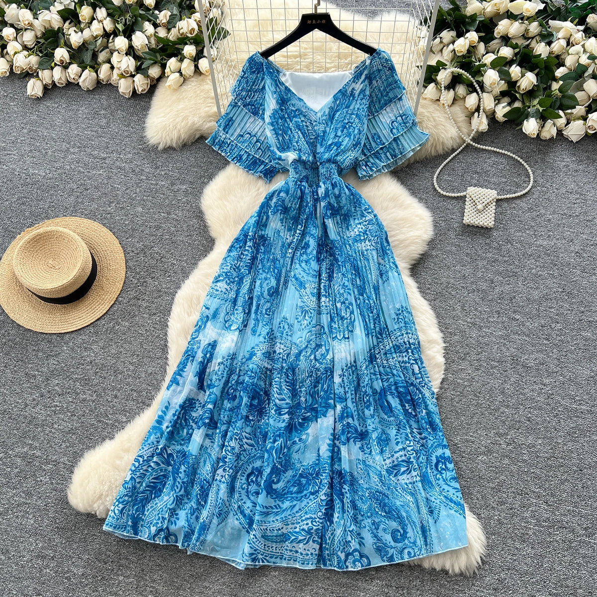 Ruched Print Short Sleeve Beach Dress