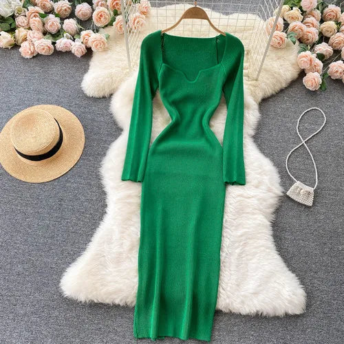 Slit Knit V-Neck Long Sleeve Bodycon Dress