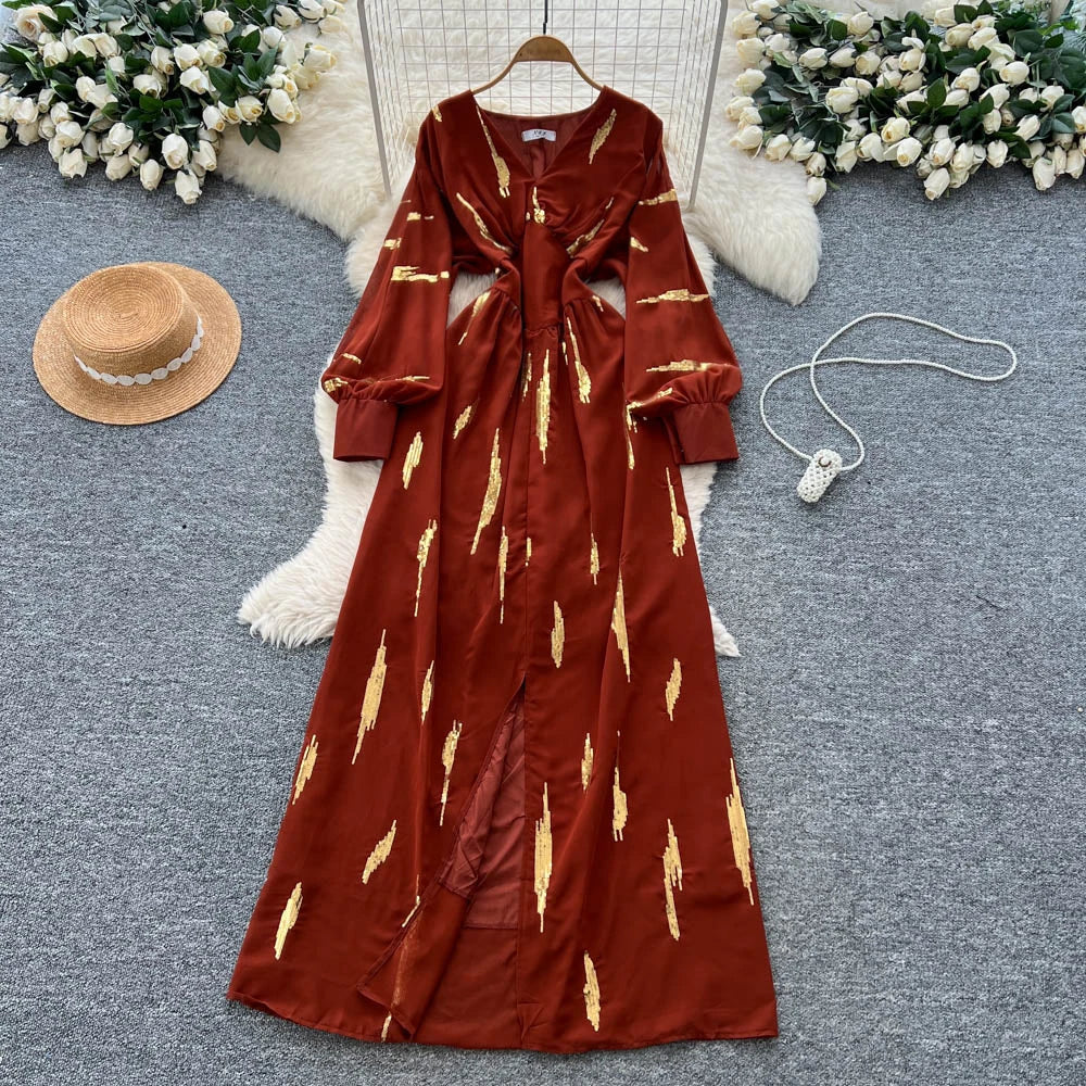 Embroidered Split V-Neck Long Sleeve Dress