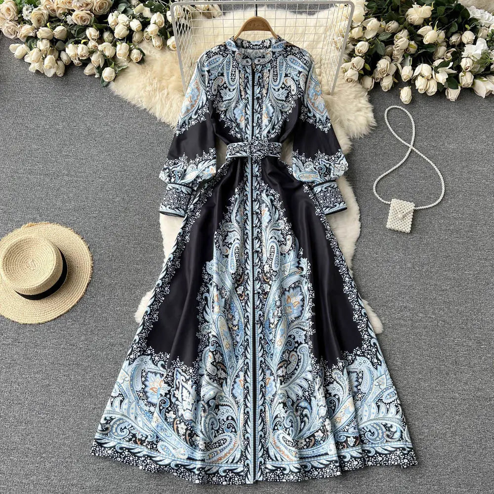 Belted Lantern Sleeve Maxi Shirt Dress