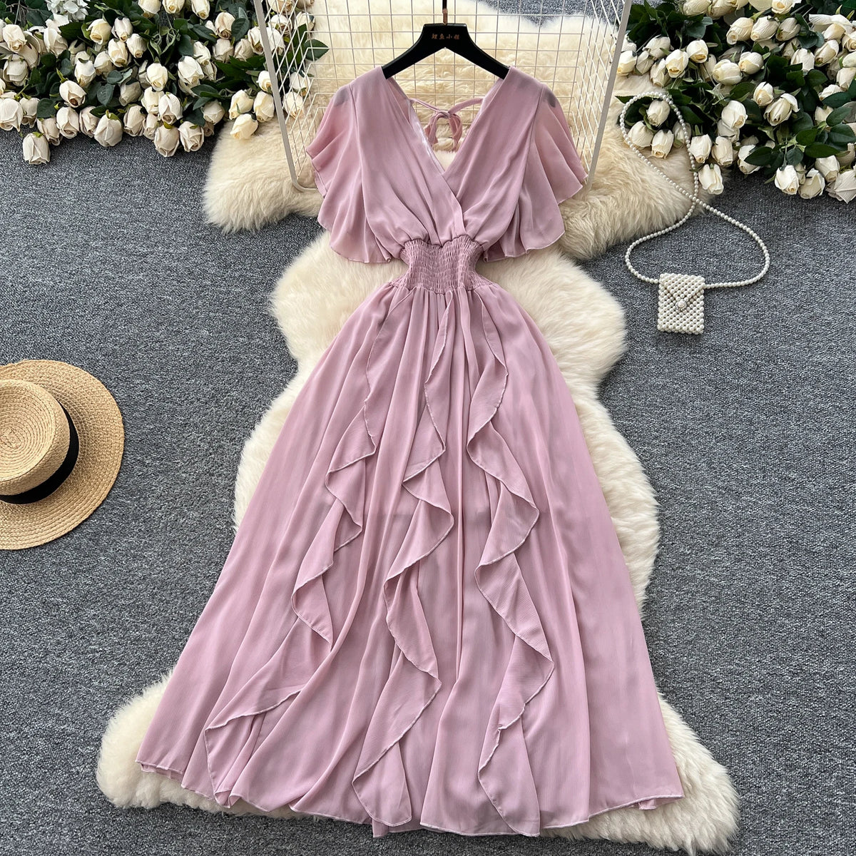 Criss-Cross Chiffon Short Sleeve Gown