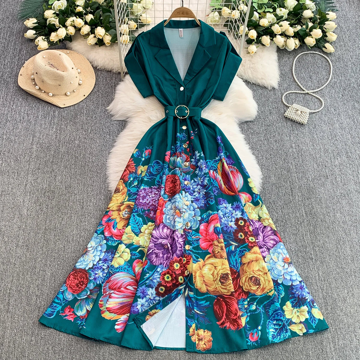 Belted Print Slim A-Line Dress