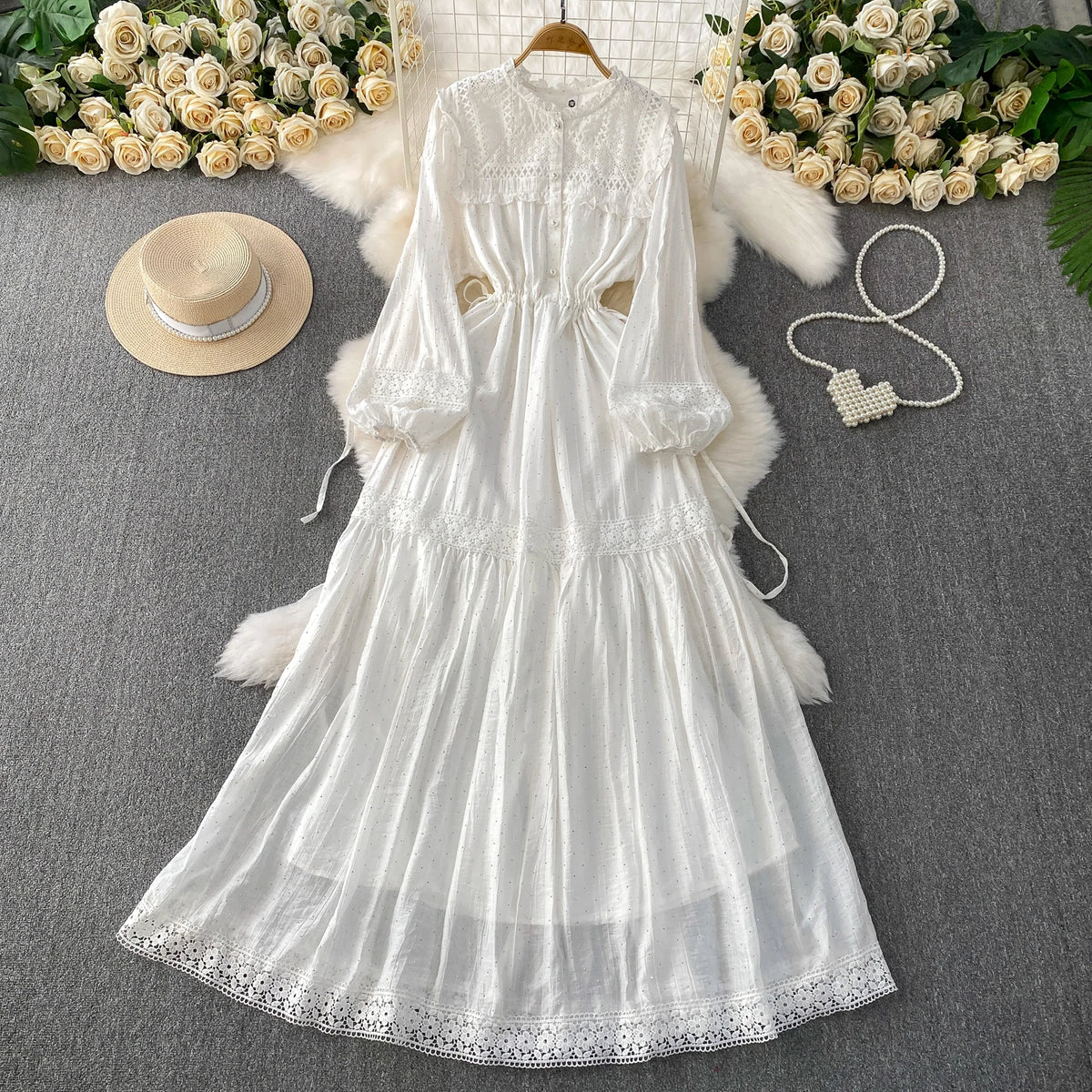 Rhinestone Lace Ruched Boho Long Dress